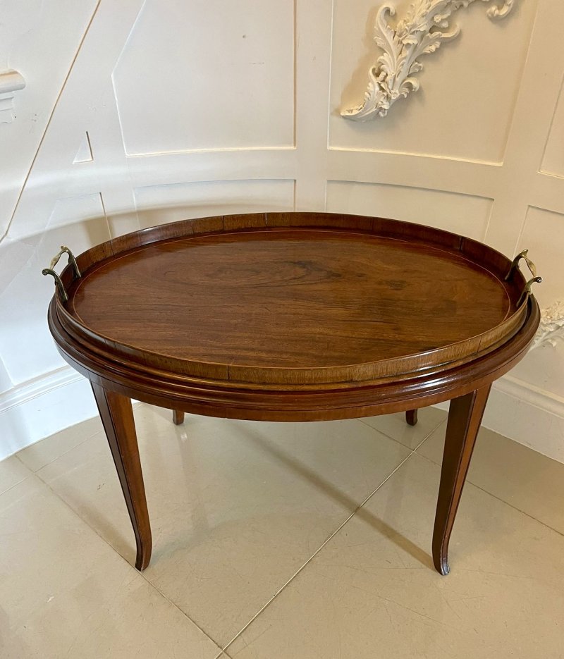Large Antique Edwardian Oval Quality Figured Mahogany Tea Tray on Stand